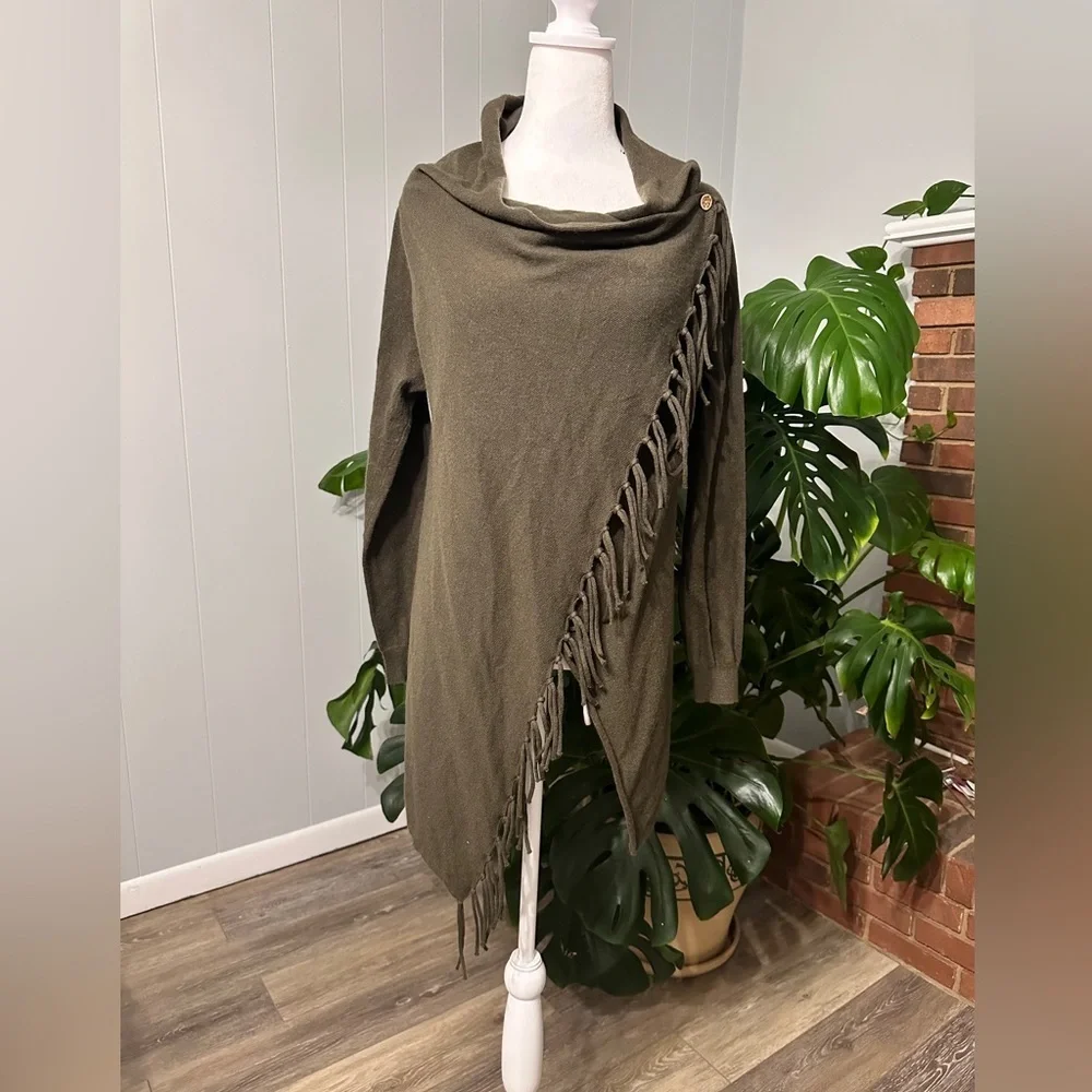 #20)  She + Sky Olive green wrap fringe cardigan Size S